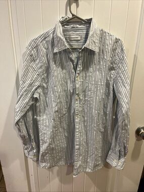 Calvin Klein White Shirt Blue Pinstripes Men's Button-Down Size L 100% Cotton